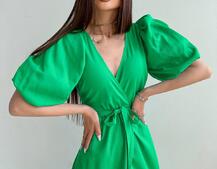 Льняное платье-миди с запахом и объемными рукавами  | PUSHKA SHOP