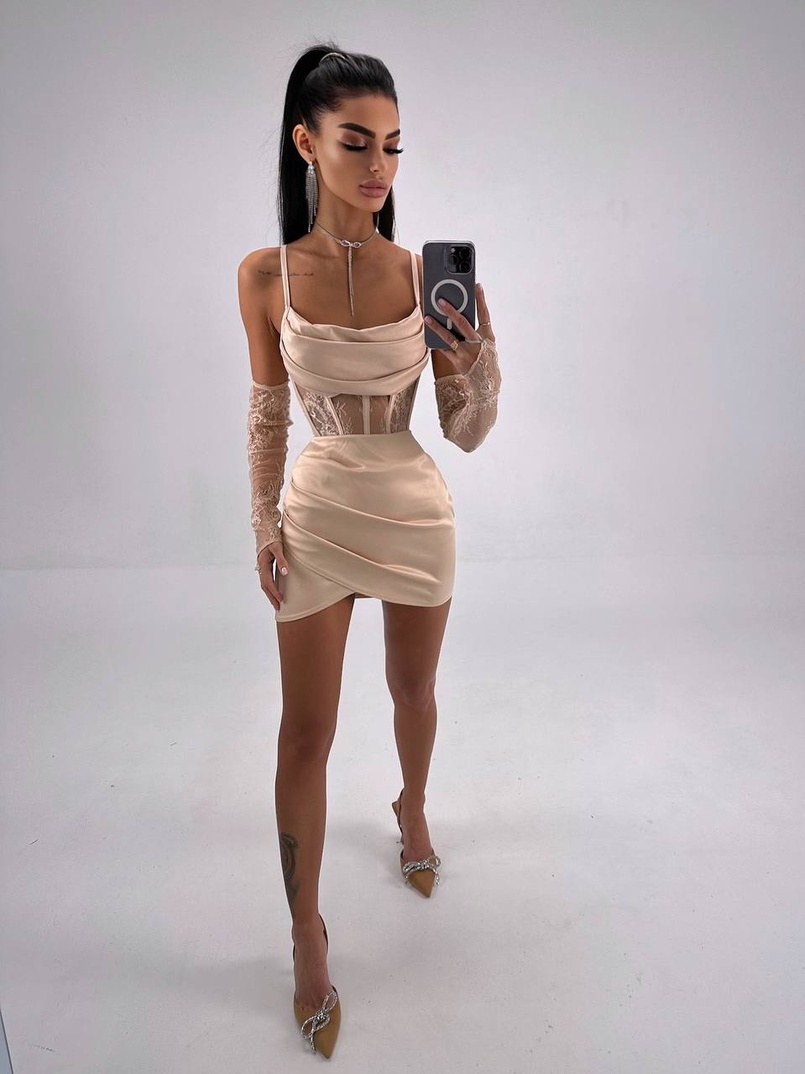 Комплект: корсет, декорований мереживом   + рукавички+ спідниця міні з драпіруванням   | PUSHKA SHOP