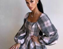 Корсетна сукня з подвійною спідницею та обʼємними рукавами у клітинку Корсетна сукня з подвійною спідницею та обʼємними рукавами у клітинку | PUSHKA SHOP