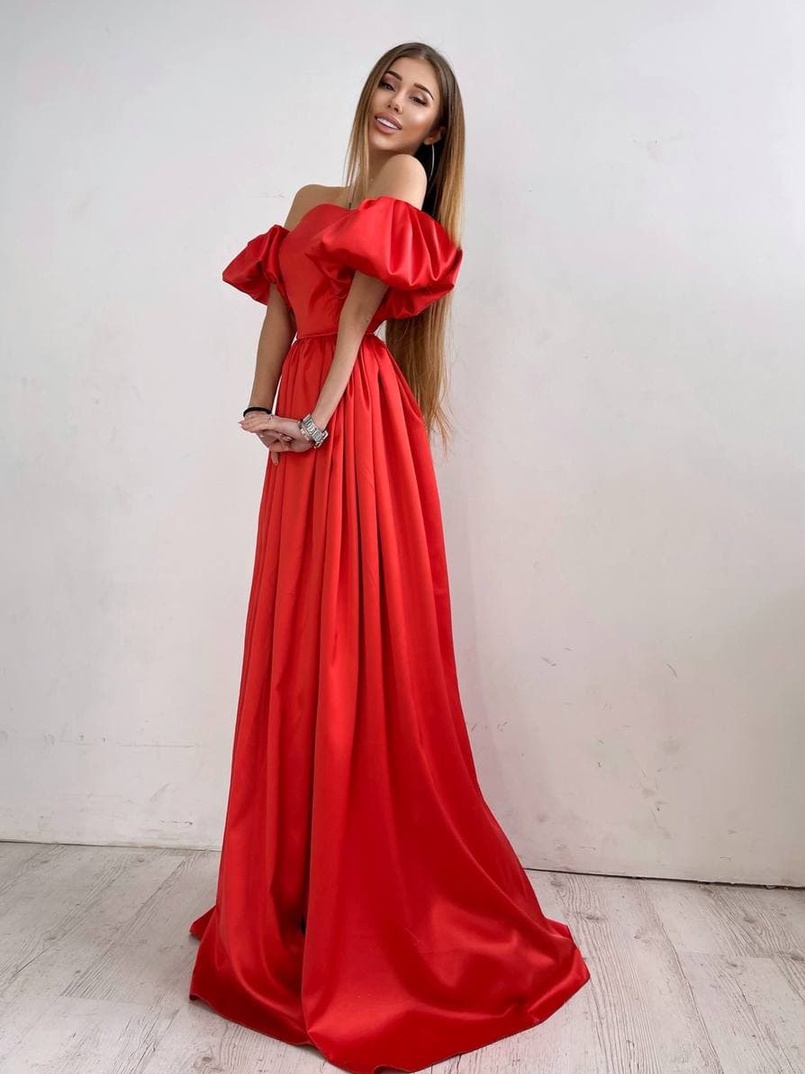 Атласное платье макси с объемными рукавами   | PUSHKA SHOP