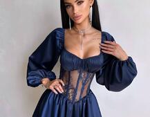 Атласна сукня з обʼємними рукавами та мереживом | PUSHKA SHOP