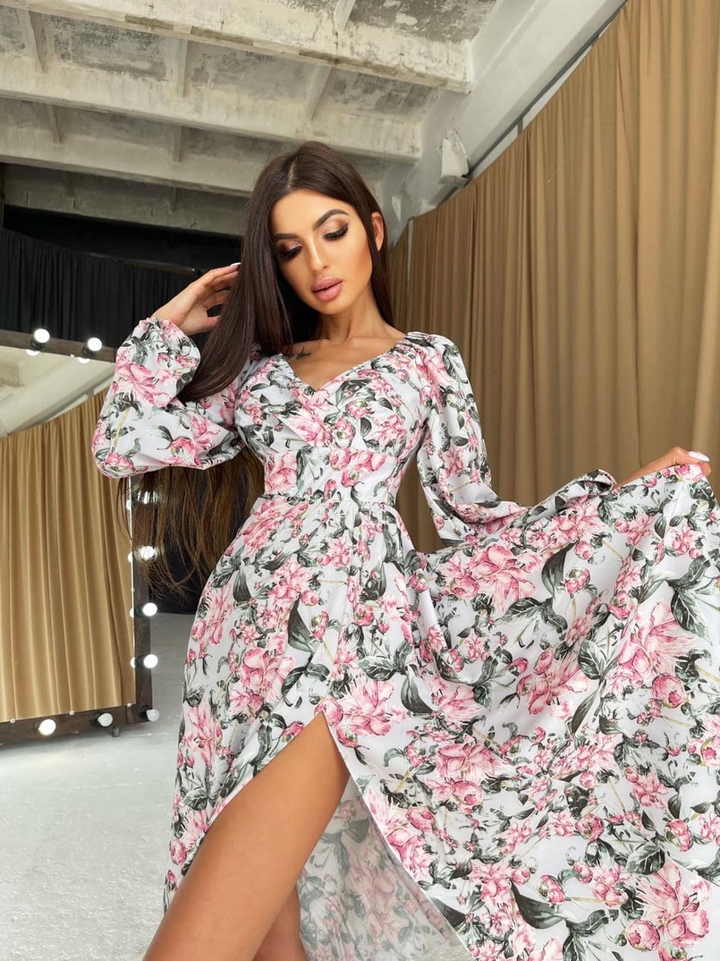 Цветочное платье-миди с разрезом  | PUSHKA SHOP