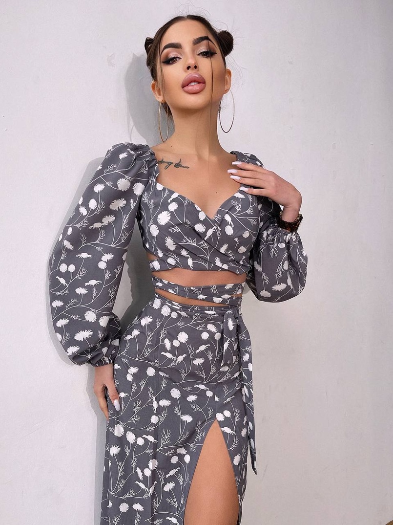 Комплект: топ із зав'язками на талії + спідниця міді з розрізом Комплект: топ із зав'язками на талії + спідниця міді з розрізом | PUSHKA SHOP