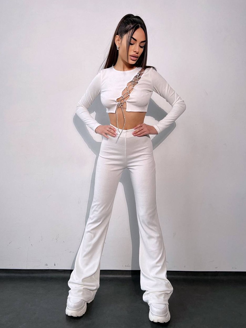 Комплект : штани кльош і топ декорований шнурком зі стразами  | PUSHKA SHOP