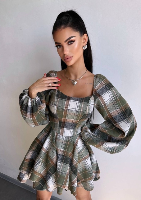 Корсетна сукня з подвійною спідницею та обʼємними рукавами у клітинку  Корсетна сукня з подвійною спідницею та обʼємними рукавами у клітинку  | PUSHKA SHOP