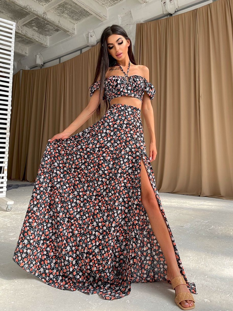 Цветочный комплект: топ с завязками на груди + юбка-макси с разрезом  | PUSHKA SHOP