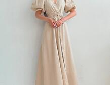 Льняное платье-миди с запахом и объемными рукавами  | PUSHKA SHOP