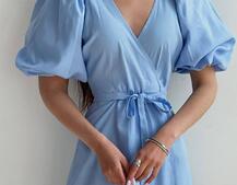 Льняное платье-миди с запахом и объемными рукавами  | PUSHKA SHOP