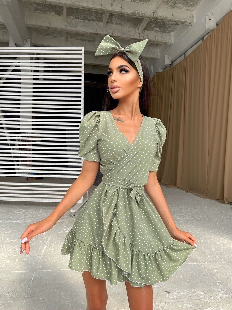 Милое платье в горошек с оборками + повязка на голову с бантом Милое платье в горошек с оборками + повязка на голову с бантом | PUSHKA SHOP