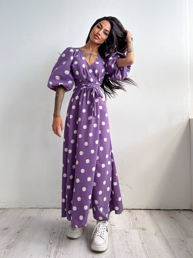 Платье миди в горох с запахом и объемными рукавами  | PUSHKA SHOP