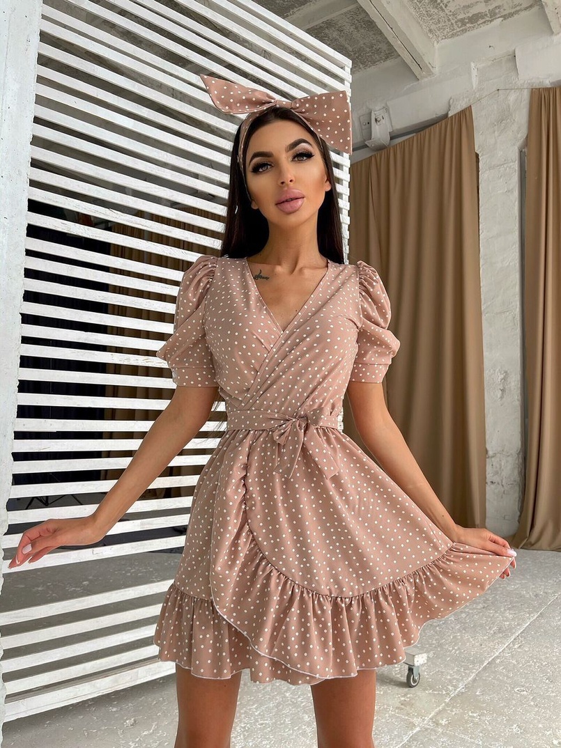 Милое платье в горошек с оборками и повязка бант | PUSHKA SHOP