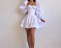 Атласна корсетна сукня бюстьє з пишною подвійною спідницею та об‘ємними рукавами | PUSHKA SHOP