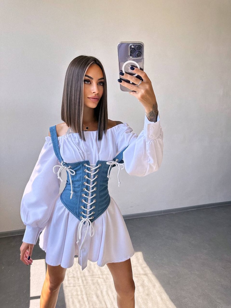 Приталена сукня-сорочка на плічках  з джинсовим корсетом на шнурівці  | PUSHKA SHOP