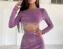 Бархатный костюм, декорированный  бахромой из страз  | PUSHKA SHOP