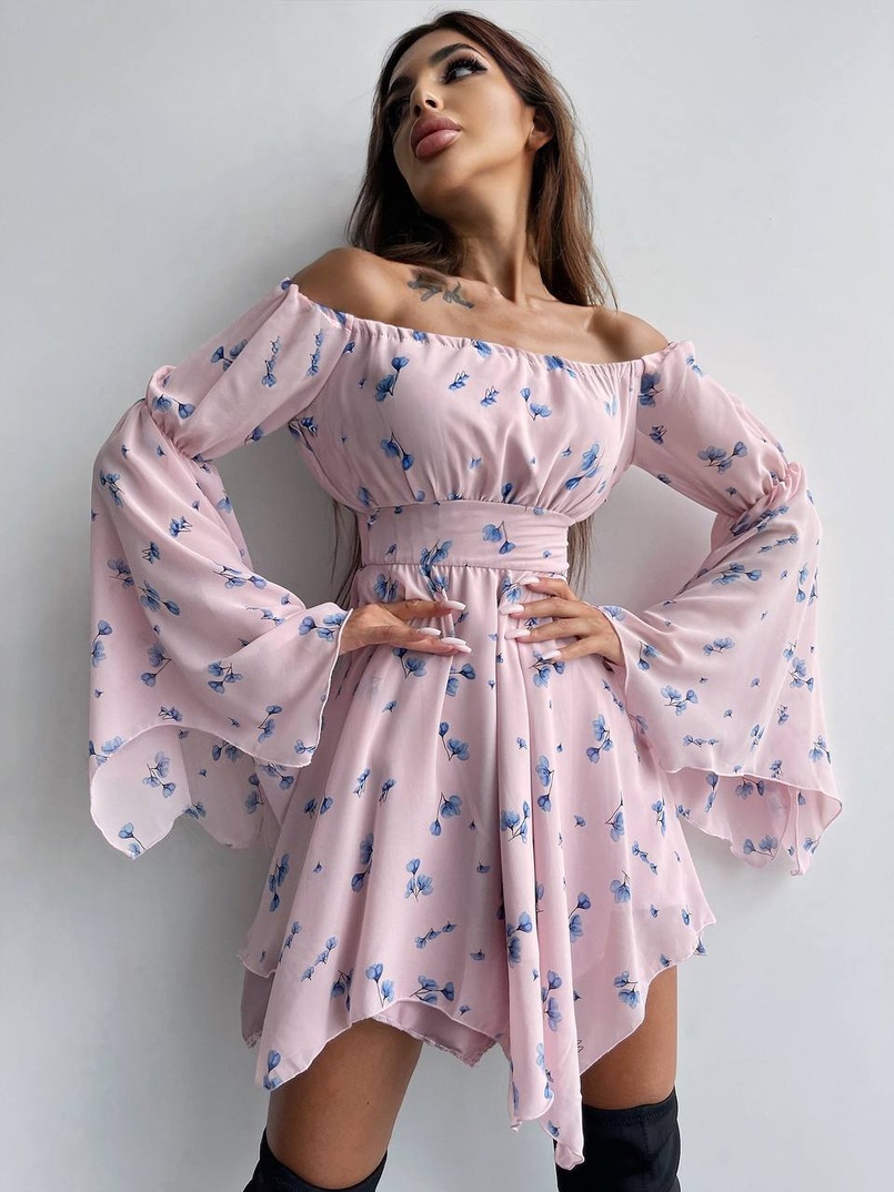 Шифонова сукня на підкладці з розкльошеними рукавами з асиметричною спідницею + корсет декорований стразами  Шифонова сукня на підкладці з розкльошеними рукавами з асиметричною спідницею + корсет декорований стразами  | PUSHKA SHOP