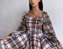 Корсетна сукня з подвійною спідницею та обʼємними рукавами у клітинку Корсетна сукня з подвійною спідницею та обʼємними рукавами у клітинку | PUSHKA SHOP