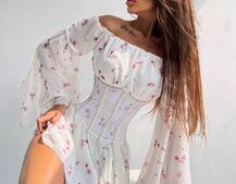 Шифонова сукня на підкладці з розкльошеними рукавами з асиметричною спідницею + корсет декорований стразами Шифонова сукня на підкладці з розкльошеними рукавами з асиметричною спідницею + корсет декорований стразами | PUSHKA SHOP