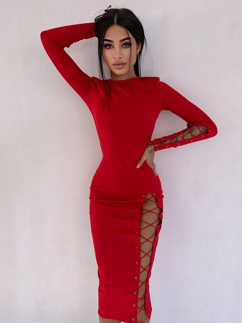 Сукня міді зі шнурівкою на ніжці та на рукавах | PUSHKA SHOP