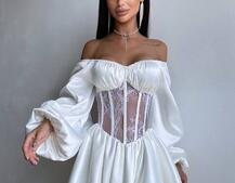 Атласна сукня з обʼємними рукавами та мереживом | PUSHKA SHOP