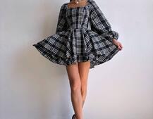 Корсетна сукня з подвійною спідницею та обʼємними рукавами у клітинку  | PUSHKA SHOP