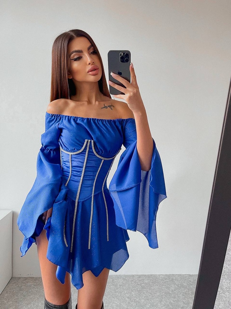 Шифонова сукня на підкладці з розкльошеними рукавами з асиметричною спідницею + корсет декорований стразами Ручна робота! | PUSHKA SHOP