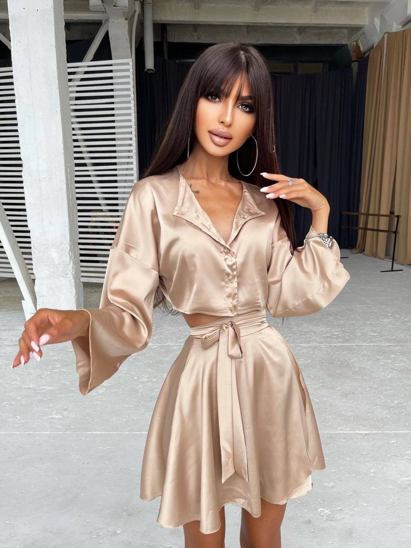 Шелковый комплект: укорочённая рубашка + юбка с запахом   Шелковый комплект: укорочённая рубашка + юбка с запахом   | PUSHKA SHOP