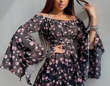 Платье  ассиметричного кроя с расклешенными рукавами + корсет декорированный стразами  | PUSHKA SHOP