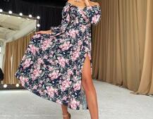 Цветочное платье-миди с разрезом  Цветочное платье-миди с разрезом  | PUSHKA SHOP