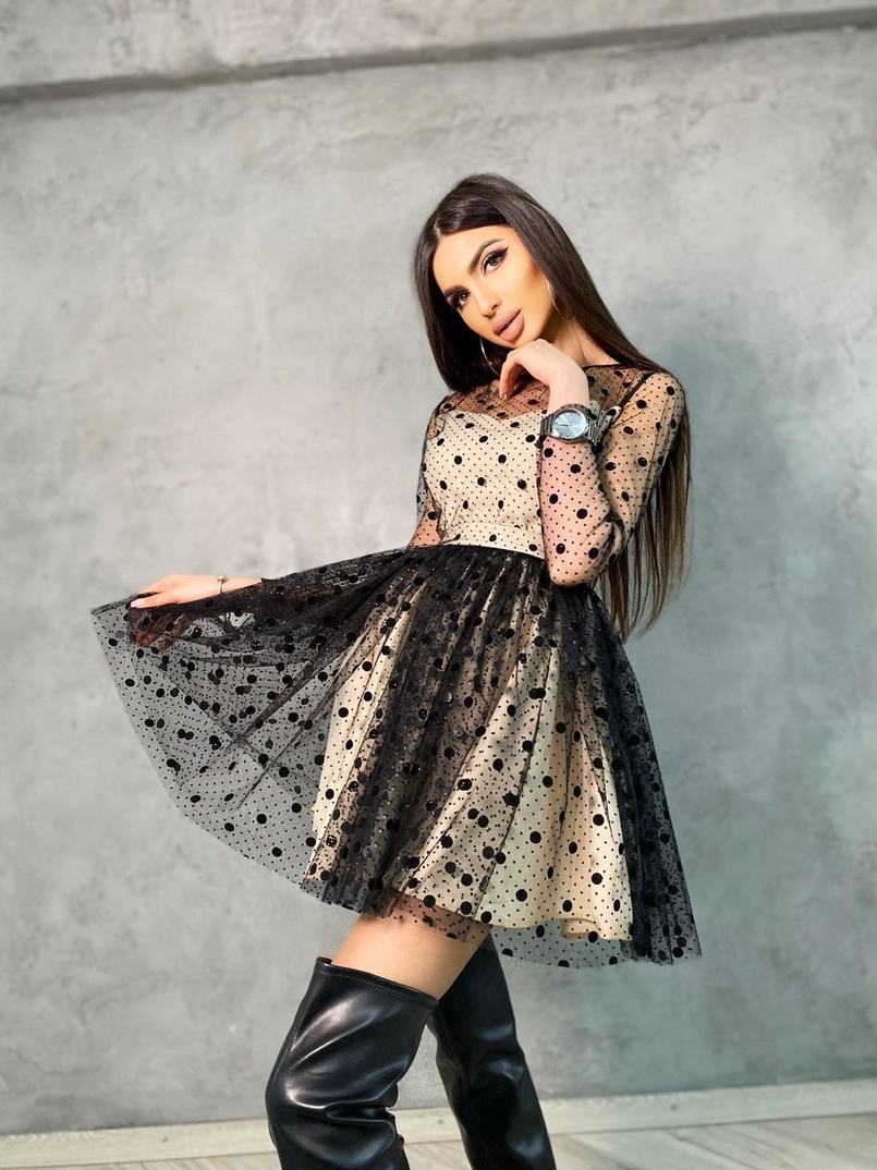 Платье мини в горох с пышной юбкой  Платье мини в горох с пышной юбкой  | PUSHKA SHOP