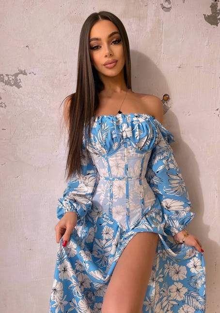 Сукня міді з розрізом в квітковий принт + прозорий корсет  | PUSHKA SHOP