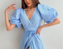 Льняное платье-миди с запахом и объемными рукавами  | PUSHKA SHOP