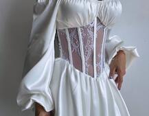 Атласна сукня з обʼємними рукавами та мереживом | PUSHKA SHOP