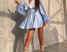 Сукня з коміром та об'ємними рукавами з широким поясом | PUSHKA SHOP