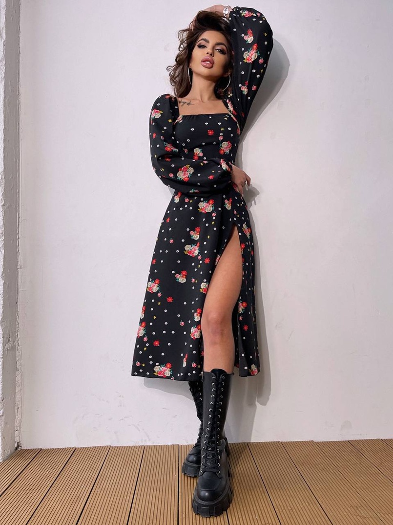 Квіткова сукня-міді зі шнурівкою на спинці та розрізом на ніжці | PUSHKA SHOP