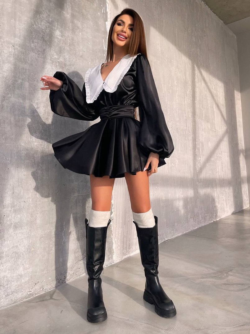 Сукня з коміром та об'ємними рукавами з широким поясом | PUSHKA SHOP