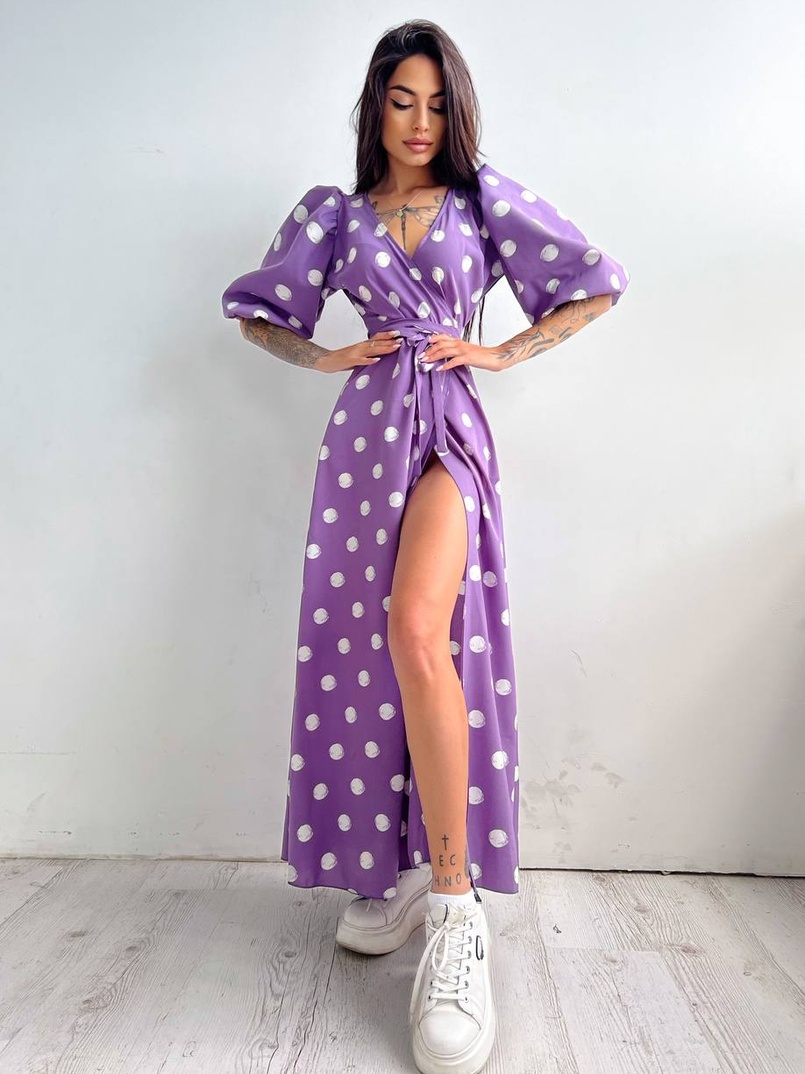 Платье миди в горох с запахом и объемными рукавами  | PUSHKA SHOP