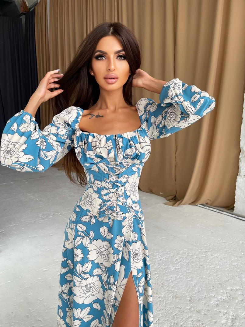 Цветочное платье с объемными рукавами и корсетом  | PUSHKA SHOP