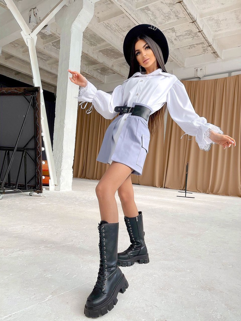 Платье-рубашка с объёмными рукавами, декорированными кружевом и юбка с карманами и элементами из эко-кожи  | PUSHKA SHOP