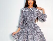 Шифоновое платье с воротничком и подъюбником, декорированным кружевом Шифоновое платье с воротничком и подъюбником, декорированным кружевом | PUSHKA SHOP