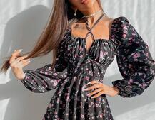 Цветочное платье с пышной юбкой и завязками на груди  Цветочное платье с пышной юбкой и завязками на груди  | PUSHKA SHOP