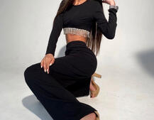 Костюм с расклешенными штанинами , декорированный бахромой из камней Костюм с расклешенными штанинами , декорированный бахромой из камней | PUSHKA SHOP