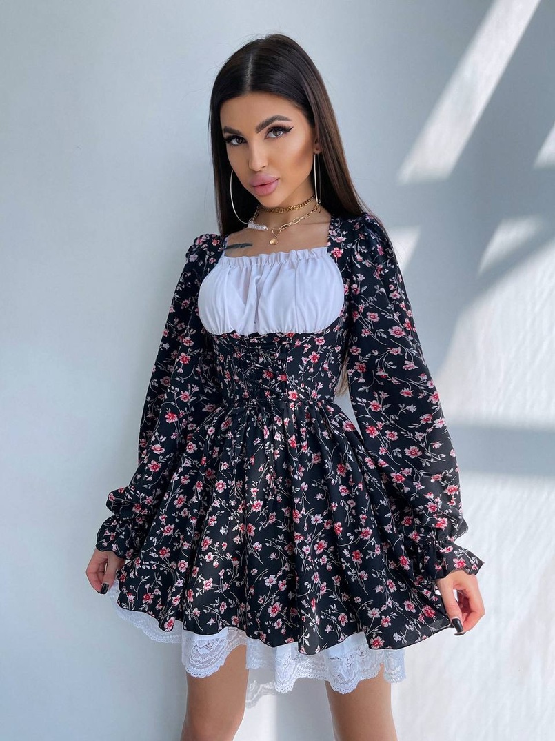 Квіткова сукня,декорована мереживом. Квіткова сукня,декорована мереживом. | PUSHKA SHOP