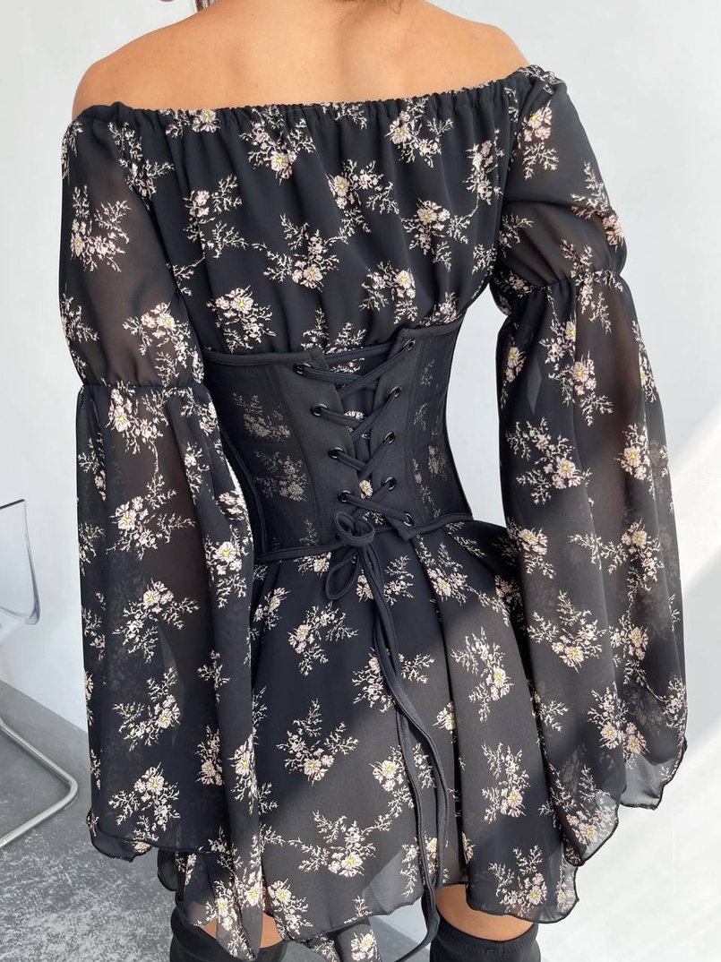 Шифонова сукня на підкладці з розкльошеними рукавами з асиметричною спідницею + корсет декорований стразами  | PUSHKA SHOP