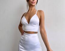 Комплект: топ з філіжанками + спідниця декорована бахромою зі страз  | PUSHKA SHOP