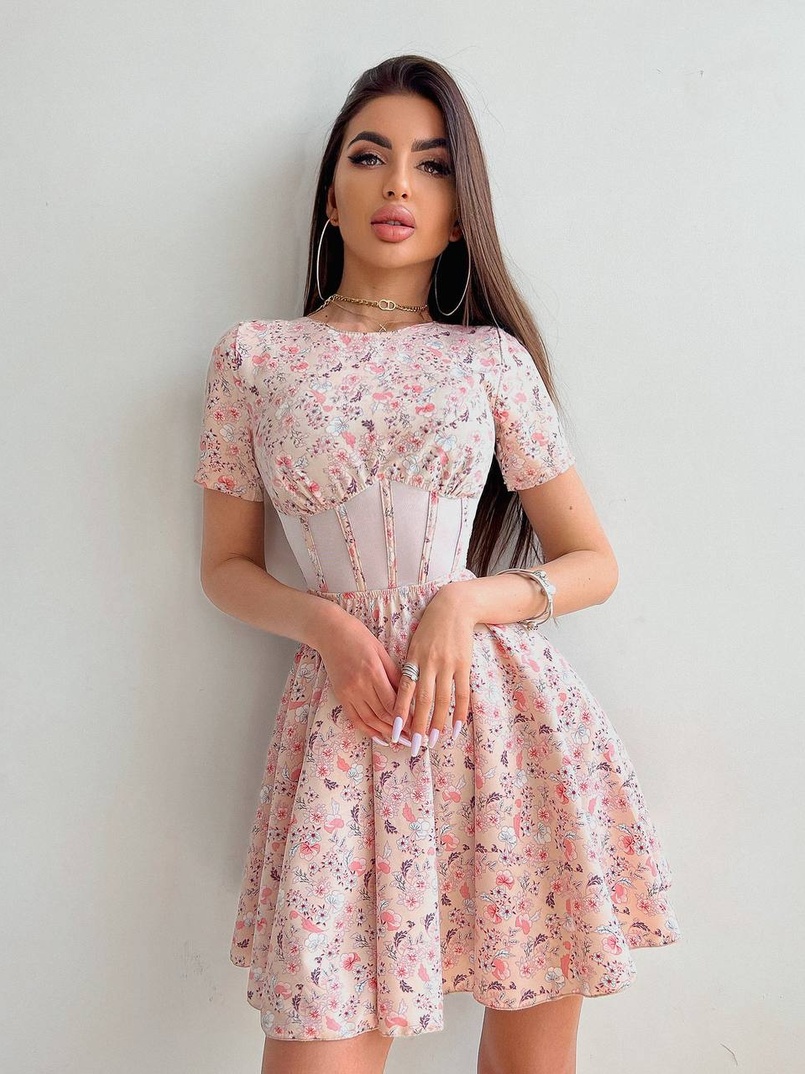Цветочное платье мини с элементами корсета на косточках  | PUSHKA SHOP