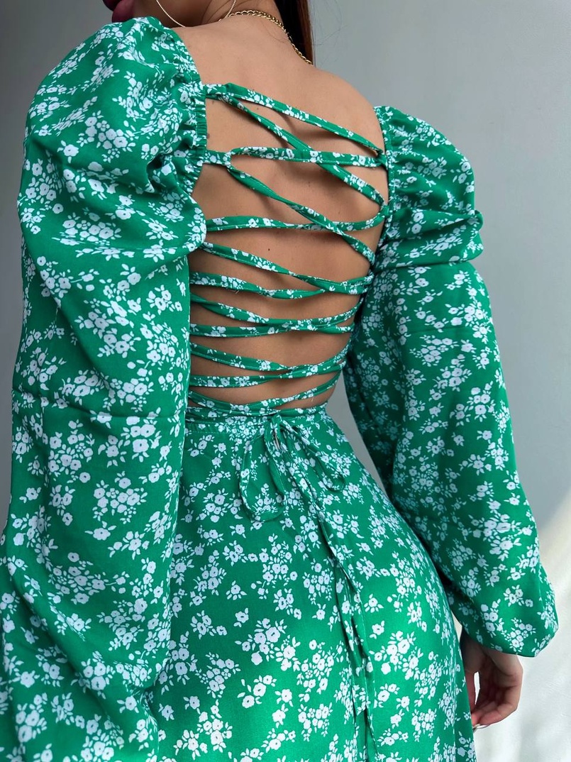 Квіткова сукня-міді зі шнурівкою на спинці та розрізом на ніжці | PUSHKA SHOP