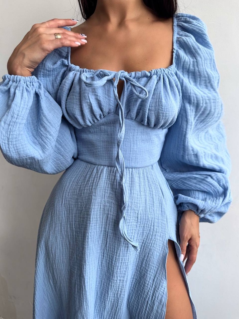 Муслінова сукня -міді з розрізом на ніжці  | PUSHKA SHOP