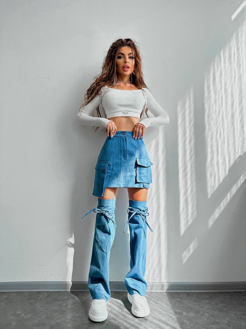 Комплект: джинсова спідниця з гетрами + топ Комплект: джинсова спідниця з гетрами + топ | PUSHKA SHOP