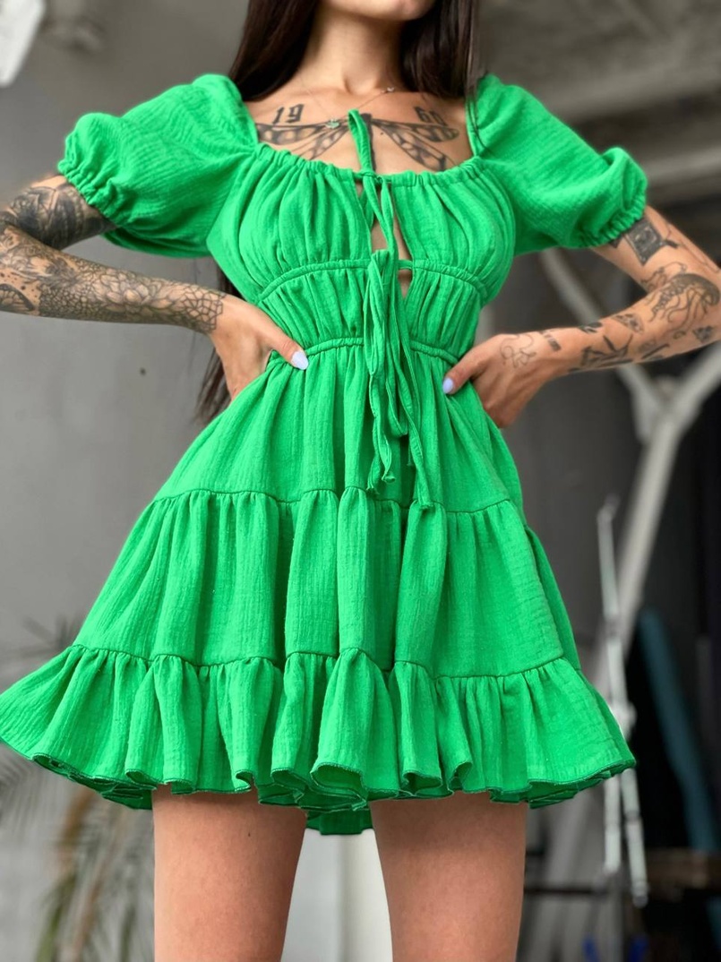 Муслиновое платье с оборками и завязками на груди   | PUSHKA SHOP