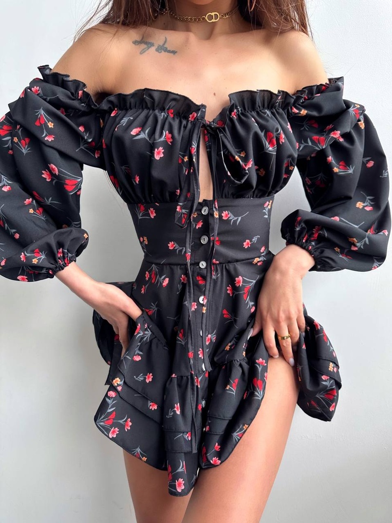 Сукня з квітковим принтом з воланами на ґудзиках  | PUSHKA SHOP